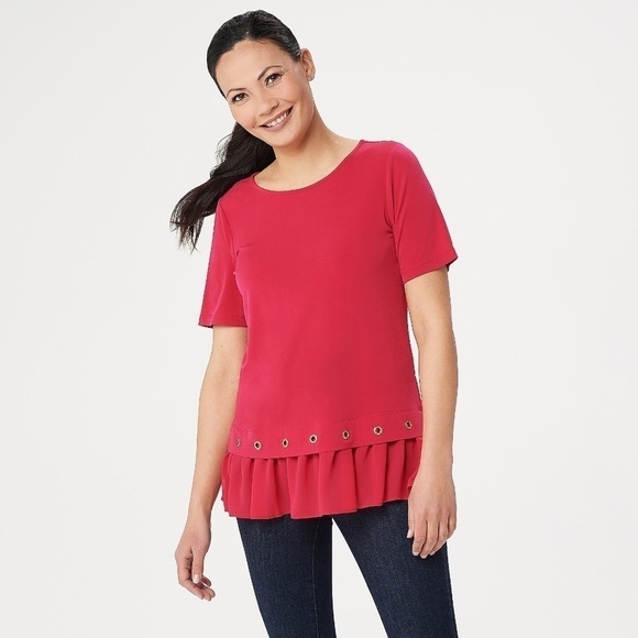 Susan Graver Liquid Knit Top with Sheer Chiffon - Picture 1 of 7